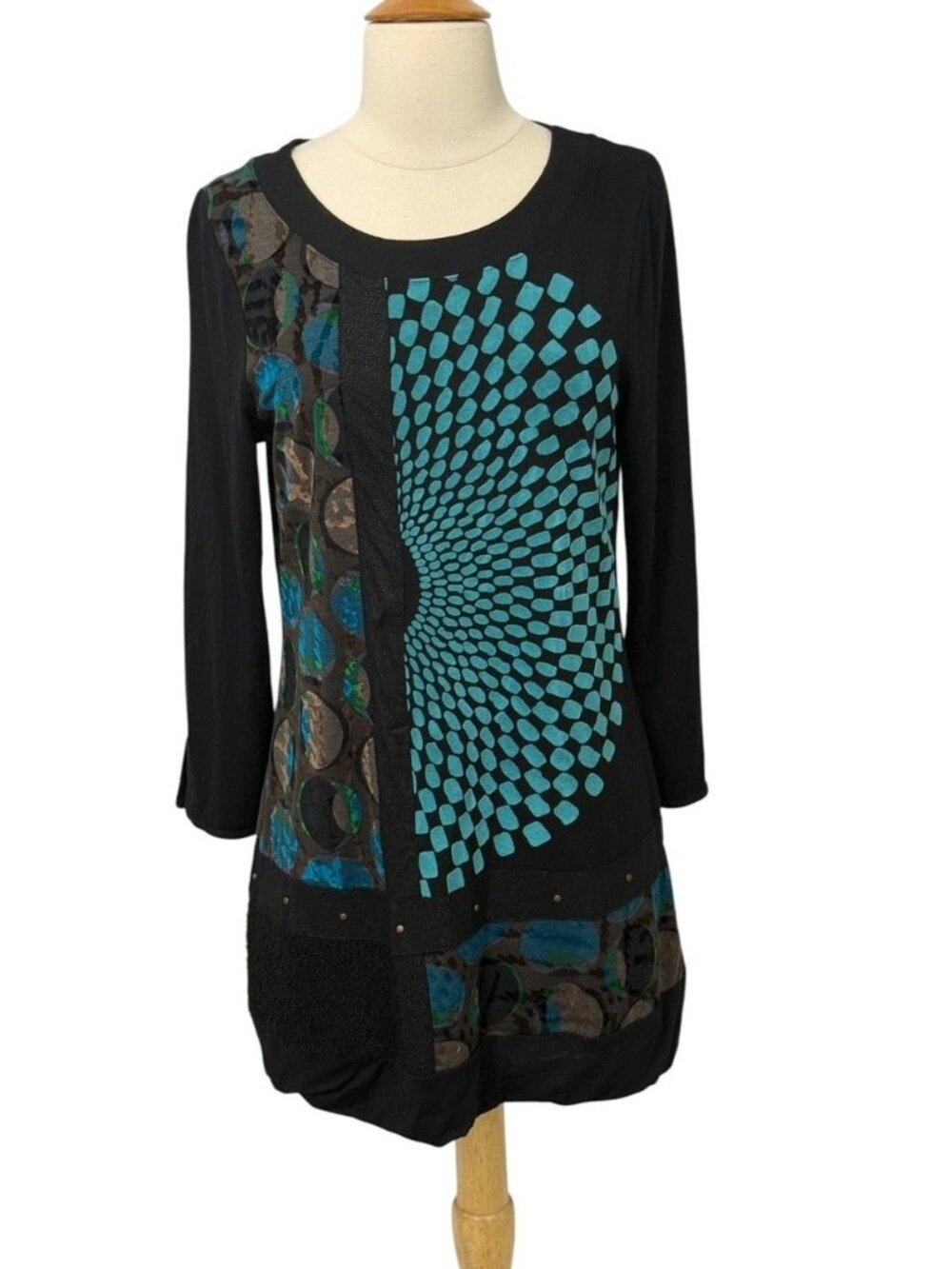 Dolcezza Womens Tunic Top Artsy Mixed Fabric Felt Studs Velvet 3/4 Sleeve Size S